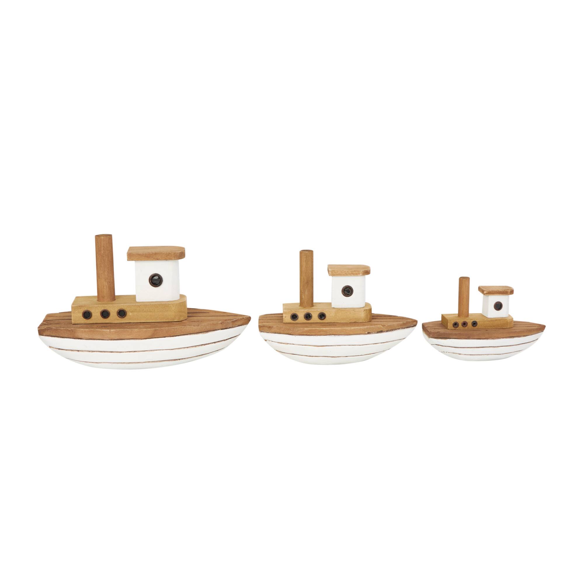 Brown & White Handmade Wood Boat Sculpture Set